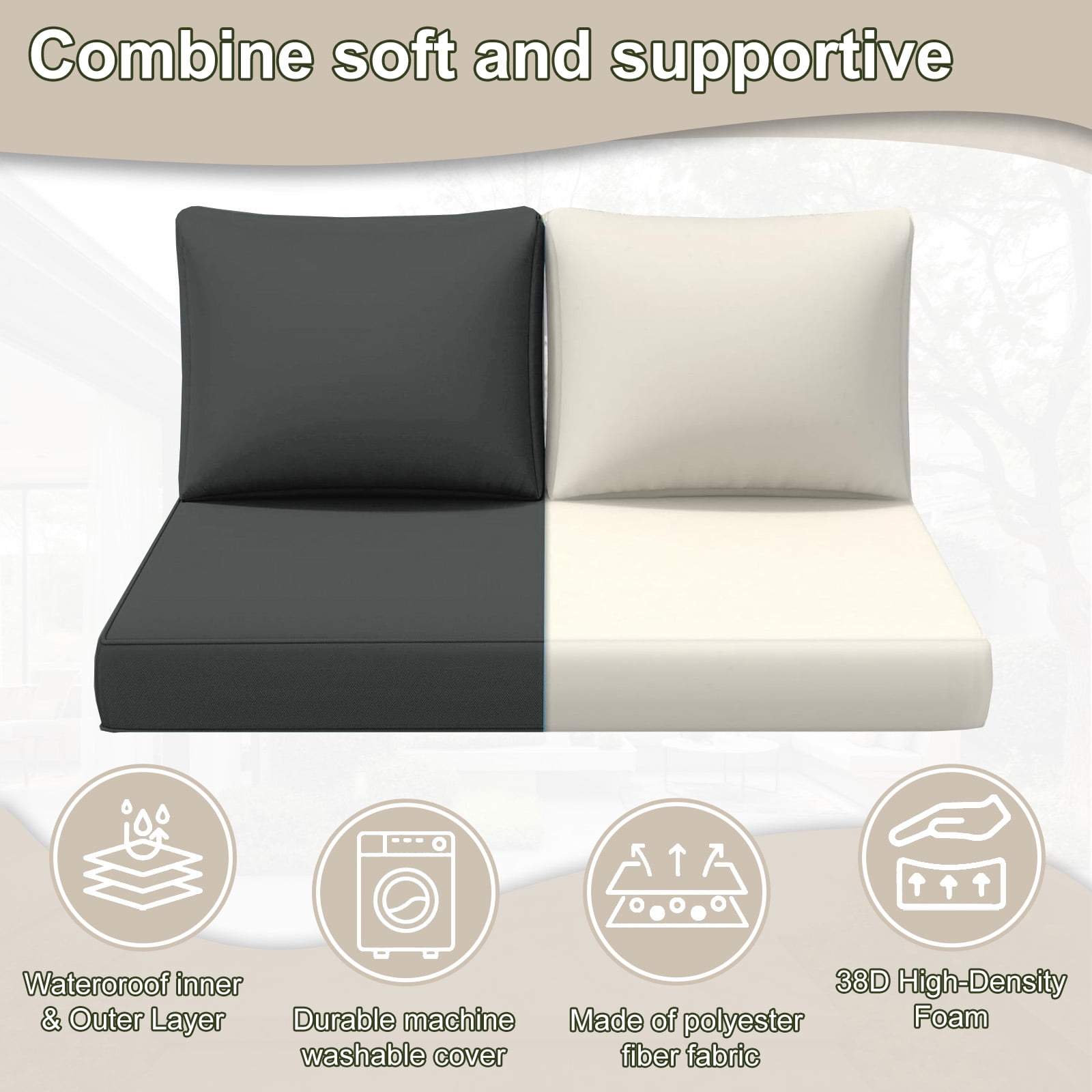 Outdoor Loveseat Cushion Set, Water Repellent Patio Furniture Cushions Replacement, 48 x 24 inch