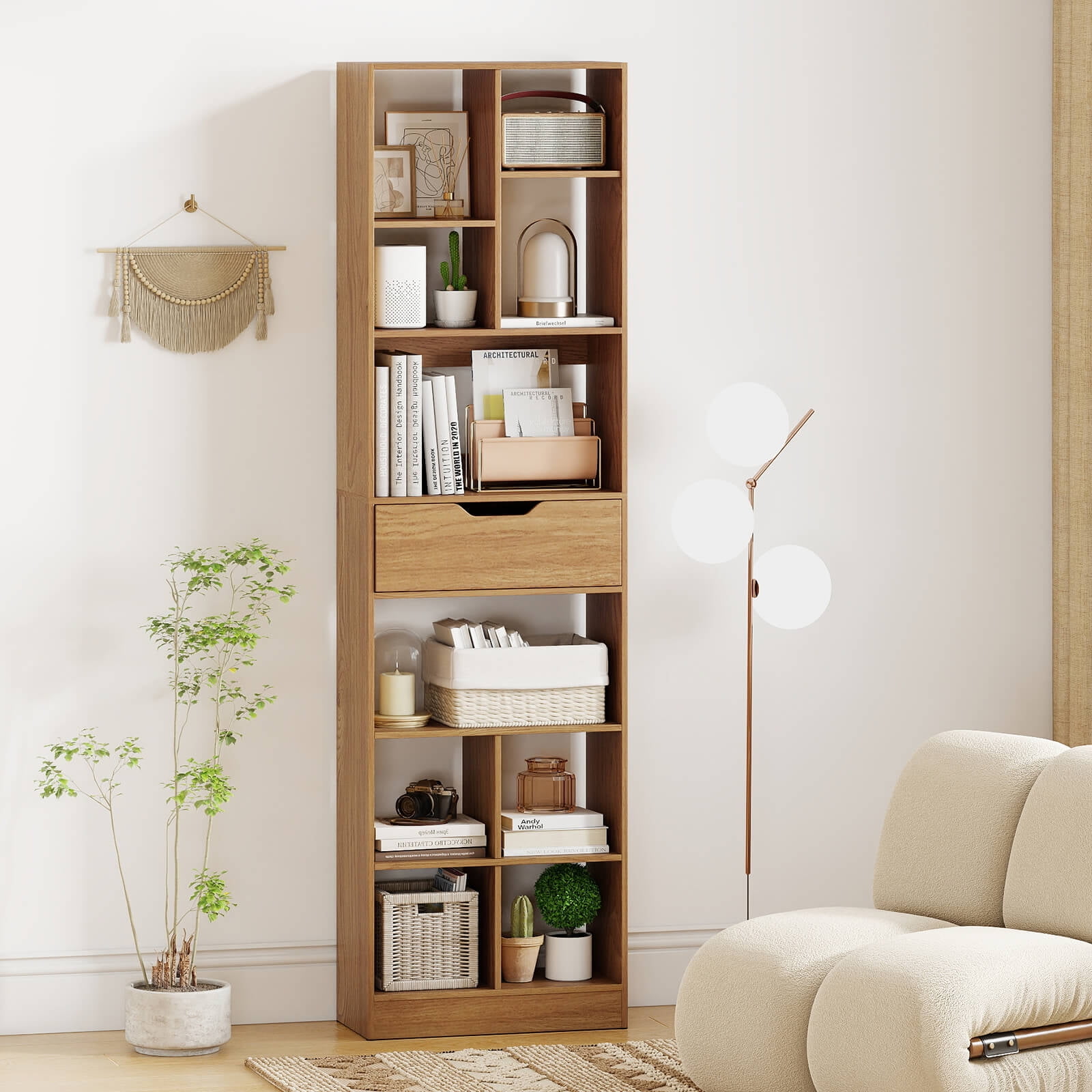 Costway 2 PCS 71” Bookcase with Drawer 10 Open Cubes Anti-toppling Kits for Living Room Natural