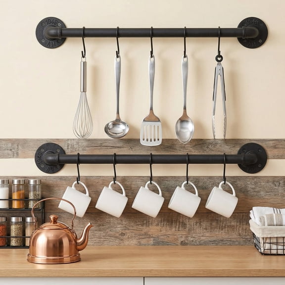 Wall Mounted Pot Pan Rack 21'' Set of 2, Industrial Utensils Wall Hanger Iron Pipe Kitchen Hanging Rail with 10 S Hooks