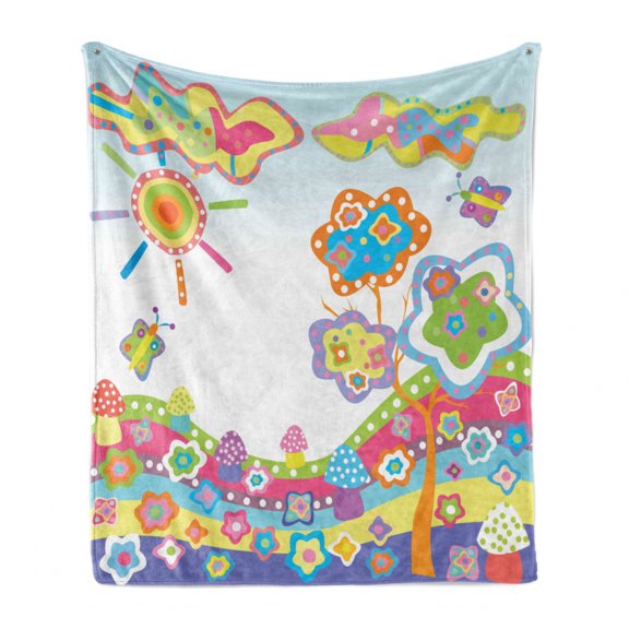 Cartoon Soft Flannel Fleece Blanket, Childlike Drawing of a Hill with Colorful Sun a Tree and Clouds Simple Abstract Art, Cozy Plush for Indoor and Outdoor Use, 70" x 90", Multicolor, by Ambesonne