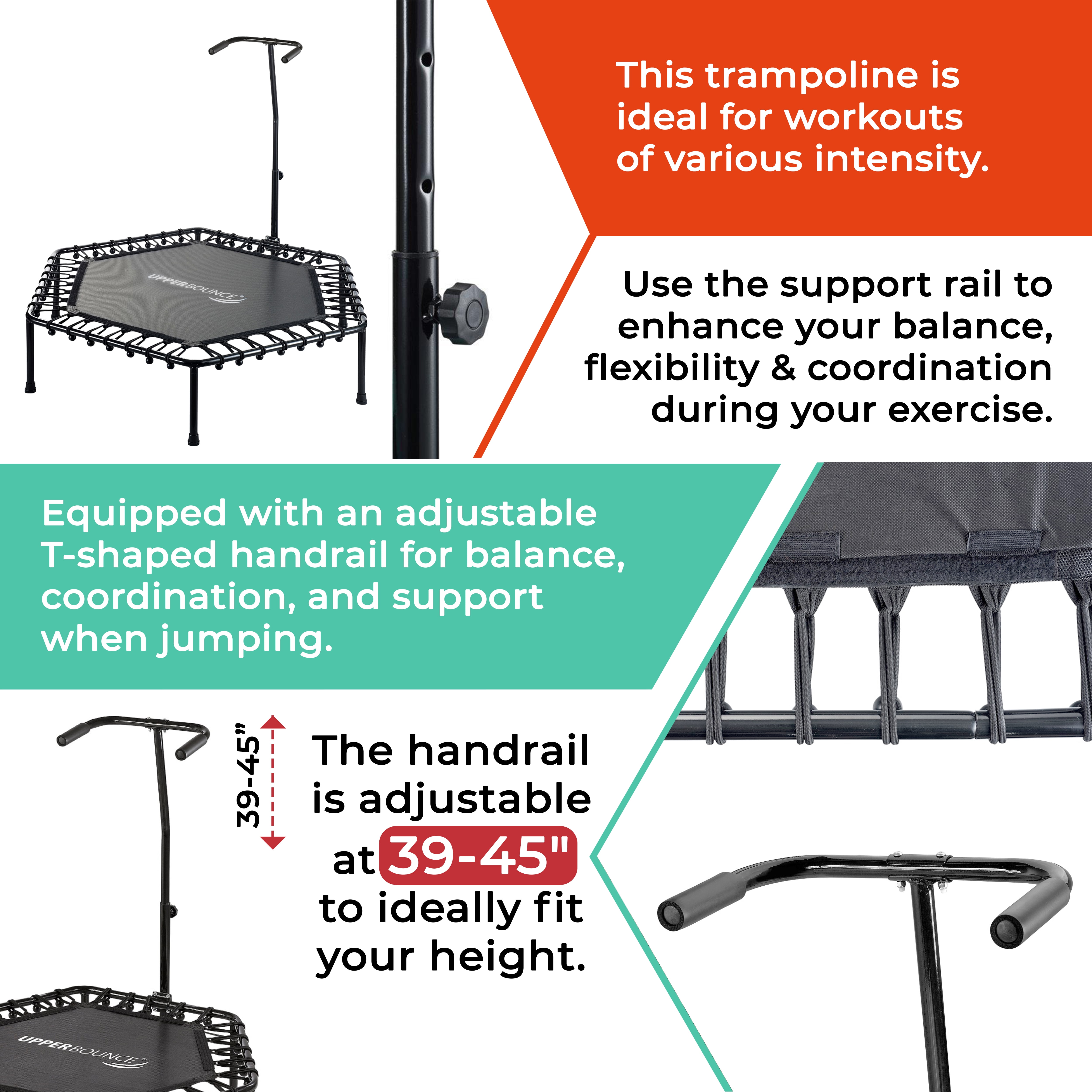 Upper Bounce 50" Mini Trampoline with Adjustable T-Shaped Handrail – Hexagonal Rebounder Fitness Trampoline for Kids & Adults - No Pad