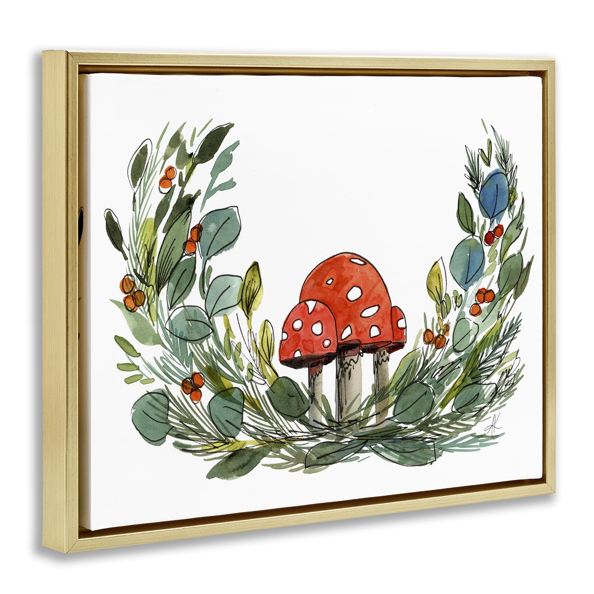 Stupell Industries Mushrooms & Greens Plants & Flowers Painting Gold Floater Framed Canvas Art Print Wall Art, 21 x 17
