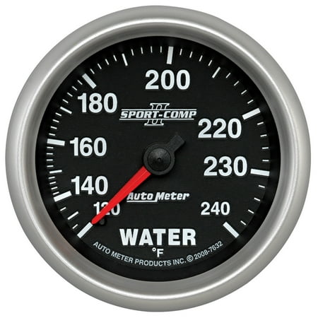 AutoMeter 7632 Sport-Comp II Mechanical Water Temperature Gauge; 2-5/8 in.; Black Dial Face; Fluorescent Red Pointer; White LED Lighting; Mechanical; 120-240 Degree F;