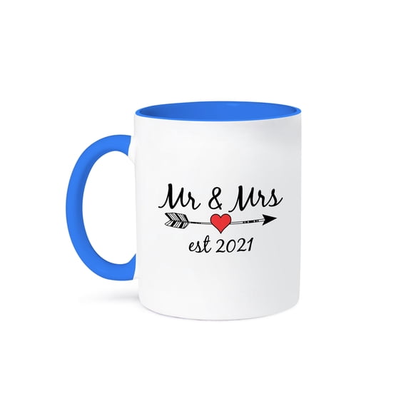 3drose, Mr and Mrs Est 2021 Black Lettering and Arrow with Red Heart on White., 11oz Two-tone Blue Mug