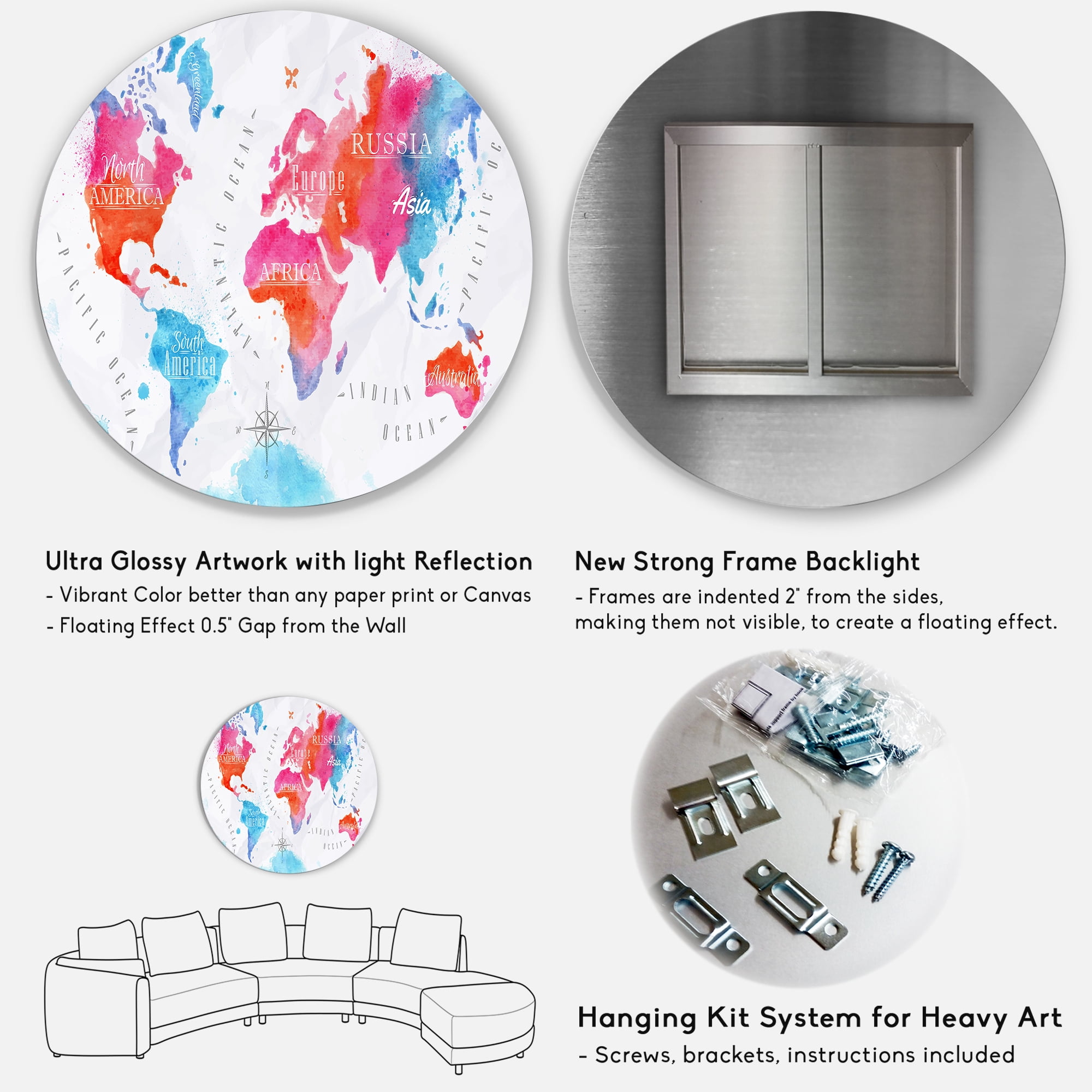 Designart 'World Map In Blue and Pink' Modern Circle Metal Wall Art 23x23 - Disc of 23