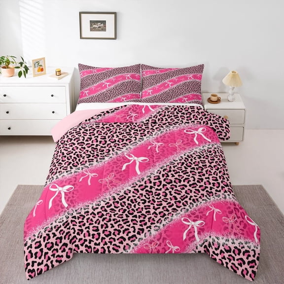 Erosebridal Leopard Print Comforter Sets Twin Size,Bowtie Bowknot Comforters & Duvets,Pink Black Farmhouse Bedding Twin Comforter Set For Men Women,Lightweight Room Decorative Reversible,2-Piece