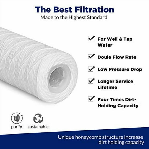42 Pack of 5 Micron 10"x2.5" String Wound Whole House Water Filter Replacement Cartridge by Membrane Solutions, Universal Sediment Filters for Well Water, Compatible with WFPFC4002, CW-F, CW-MF, WP-5