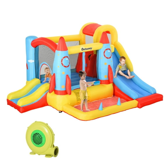 Outsunny Kids Inflatable Water Slide, 4-in-1 Bounce House Jumping Castle with 2 Slides, Climbing Wall, Trampoline, & Water Pool Area, Air Blower