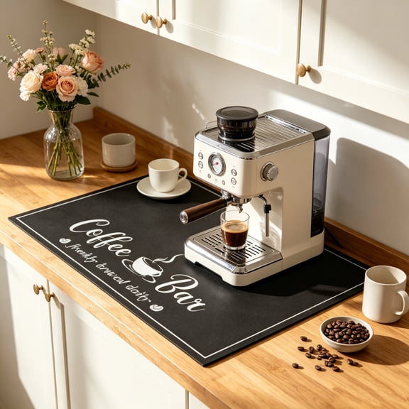 RYLZX 12x20in Absorbent PU leather Coffee Mat, Fashion Dish Drying Mat for Kitchen Counter Coffee Bar Accessories Espresso Machine Dish Rack Black