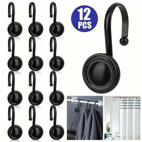SUWU 12pcs Shower Curtain Hooks, Stainless Steel Vintage Decorative Shower Curtain Rings, Rustproof Shower Hooks for Bathroom Shower Rods Curtains, Black