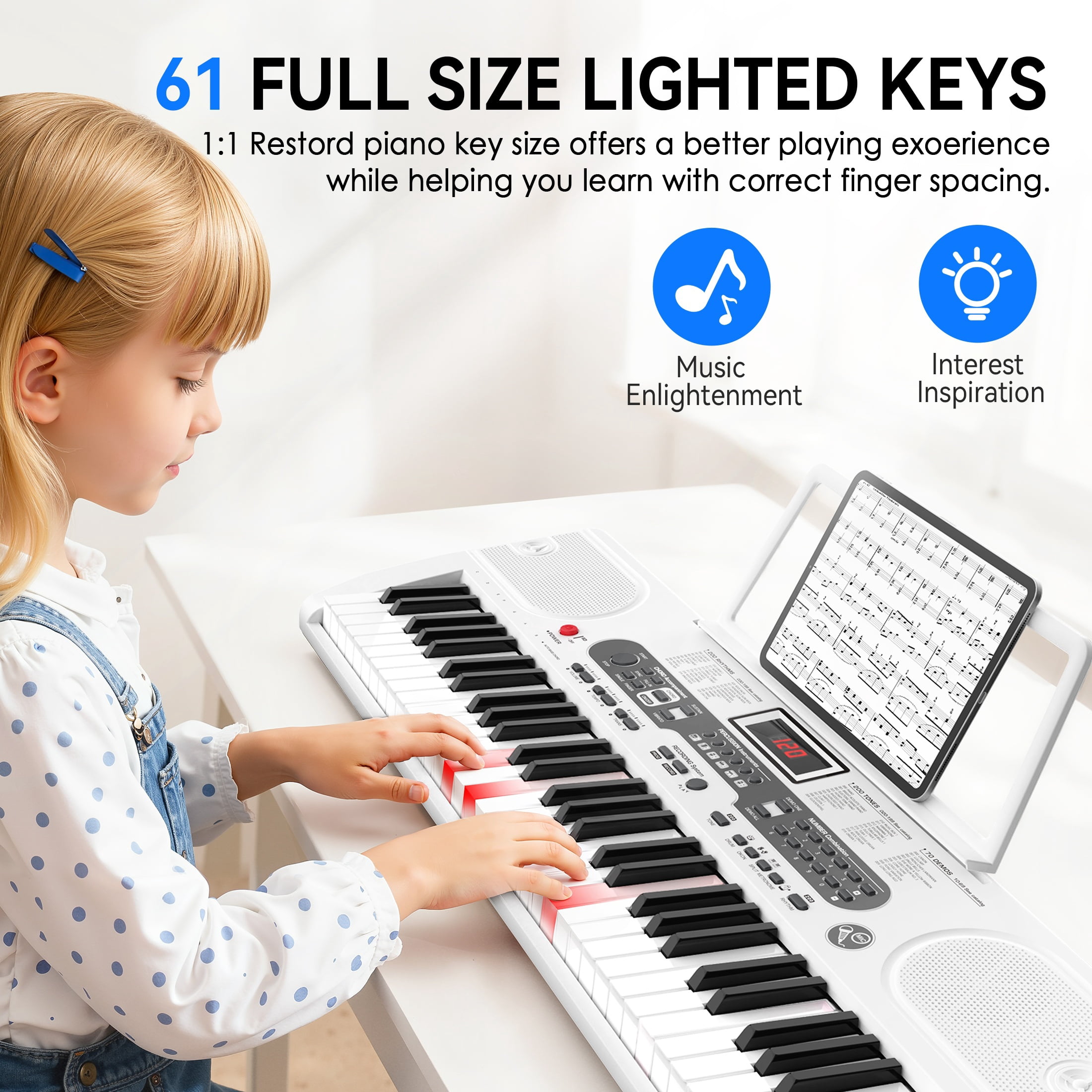 Fenbeli 61-Key Piano Keyboard with Lighted Keys, Stand, Bench, Microphone, Headphone, Electronic Keyboard Piano Set, White