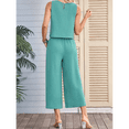 thumbnail image 4 of Women'S Summer 2 Piece Outfits Sleeveless Round Neck Tank Crop Basic Top Wide Leg Pants Set with Pockets Bean Green L, 4 of 7