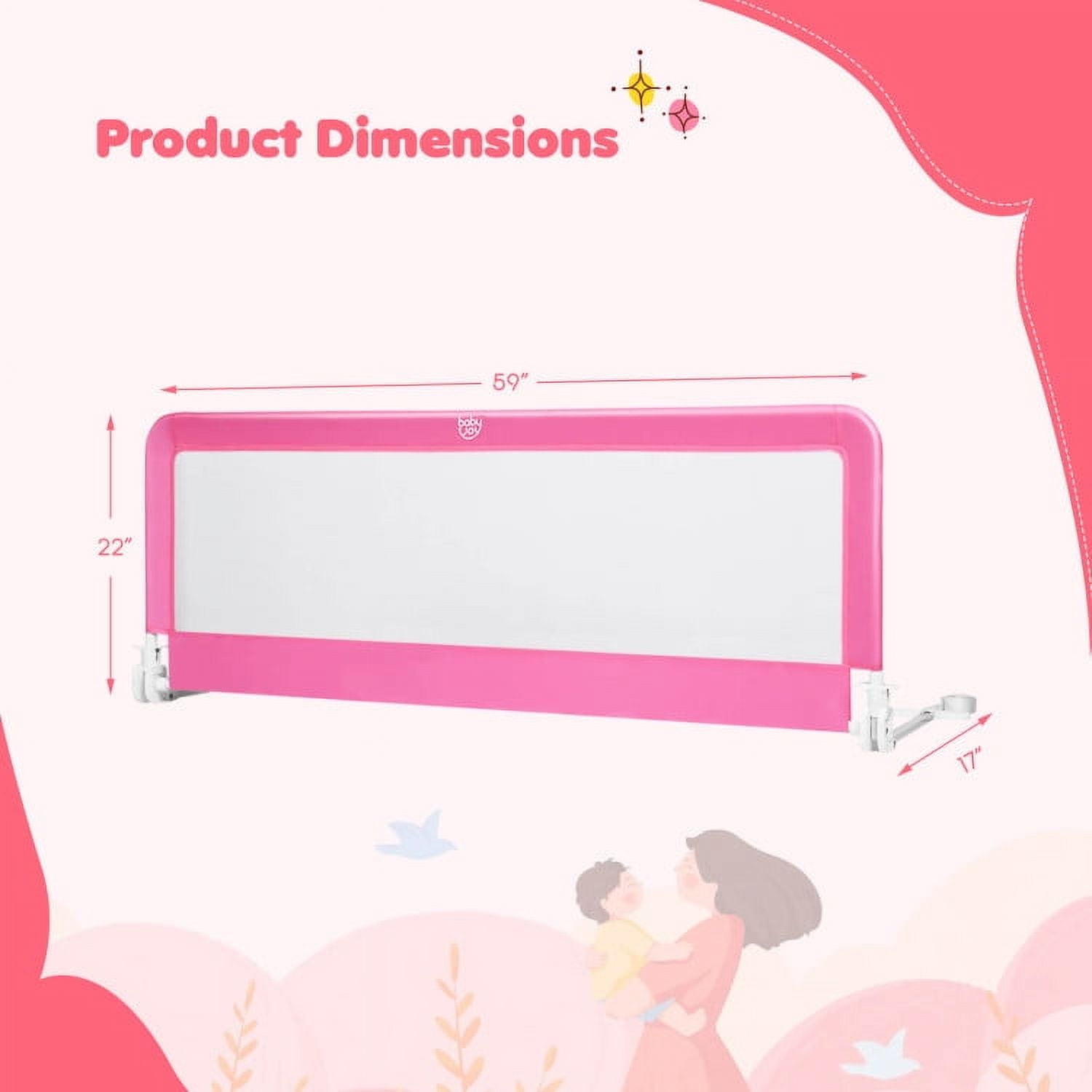 YYAo Bed Guard Rails,Bed Fence,Bed Gate for Baby,59 Inch Folding Breathable Baby Bed Rail Guard with Safety Strap-Pink