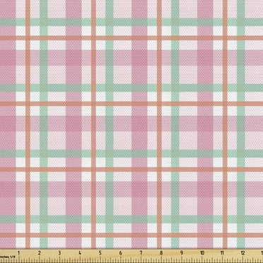 Abstract Fabric by the Yard, Pastel Colored Checkered Tartan Pattern with Geometric Stripes Print, Decorative Upholstery Fabric for Sofas and Home Accents, Mint Salmon Pale Pink by Ambesonne