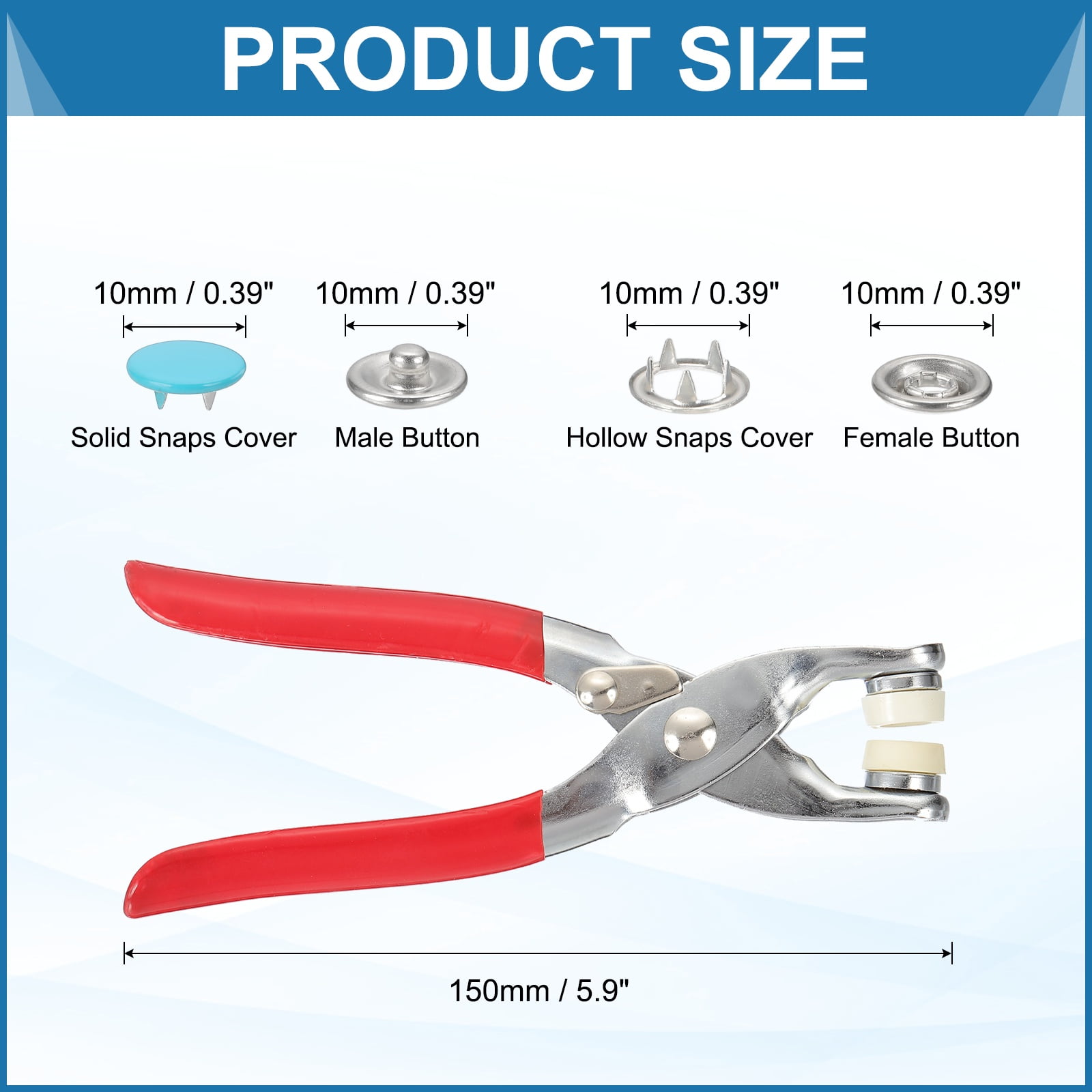 Uxcell 200Set Metal Snap Button Kit 10mm Solid Prong Snap Buttons with Fastener Pliers for Sewing Fabric Leather Clothing Rain Coat Diapers Bibs Crafting, Blue
