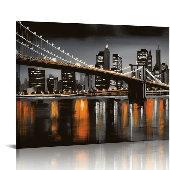 JRXY Black and White Brooklyn Bridge Wall Art New York Cityscape Skylines Canvas Painting Modern Picture Abstract City Artwork for Home Office Decoration 20x16in