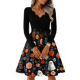 thumbnail image 6 of Women's Halloween Dress Spider Hepburn Long Sleeve Casual Dresses Bone 1950s V-Neck Fall Tea Length Dress with Belt M, 6 of 7