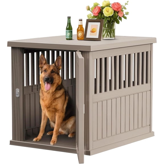 42" Dog Crate Furniture, Lockable Indoor Kennel for Large/Medium Dogs, Heavy Duty Pet Crate End Table, Grey