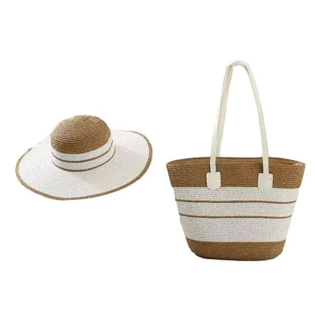 Juego de 2 piezas: Sombrero y bolso de mano con estampado de rayas, sombrero de paja de ala ancha, bolso de mano de ratán hecho a mano, sombrero de playa de verano, bolso de picnic.