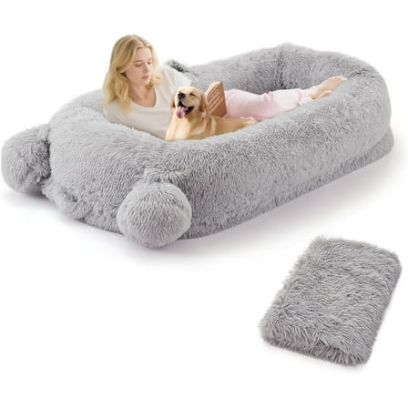 Towallmark Human Dog Bed, 71''x45''x12'' Human Size Dog Bed with Blanket, 2 Side Storage Pockets and Portable Handle, Removable Cover, Luxury Faux Fur Large/Medium Size Dogs Beds for People, Grey