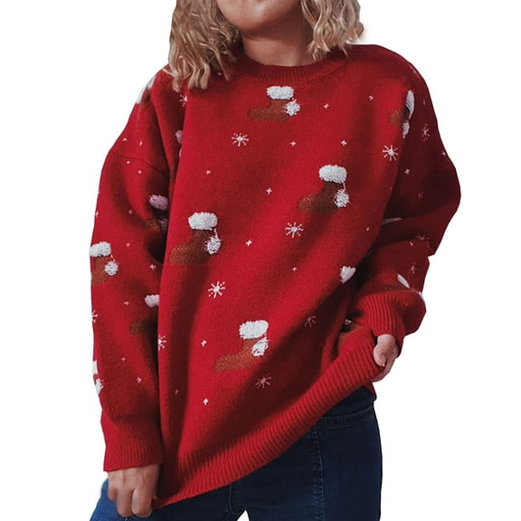 Christmas Sweaters for Women Xmas Graphic Sweater Pullover Casual Round Neck Sweater Loose Fit Knitted Sweater Tops Clearance on Womens Sweatshirt