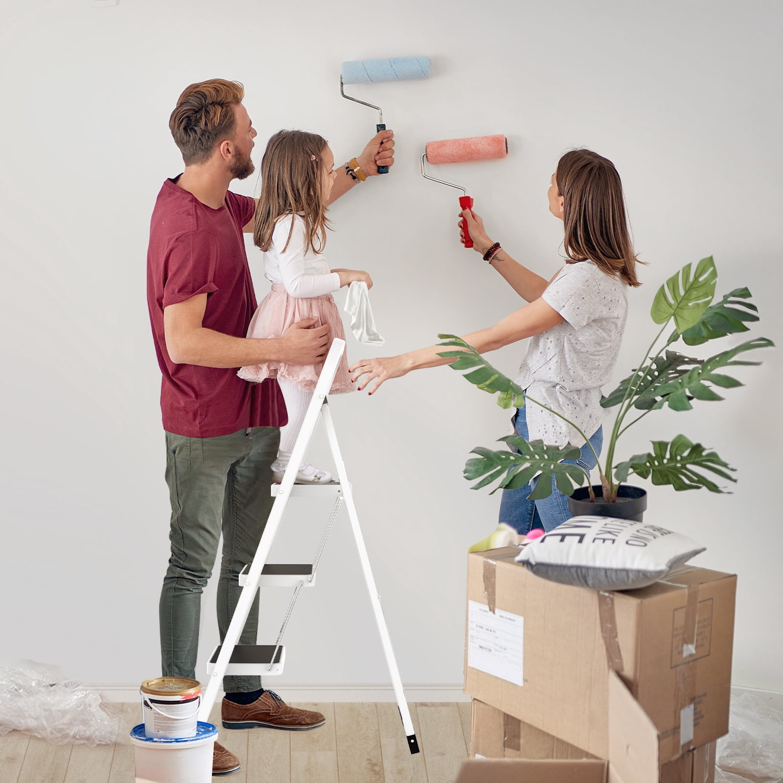 HBTower 3 Step Ladder, Lightweight Folding Step Stools for Adults with Anti-Slip Pedal, Portable Sturdy Steel Ladder with Handrails, Perfect for Kitchen & Household, 330 lbs Capacity, White
