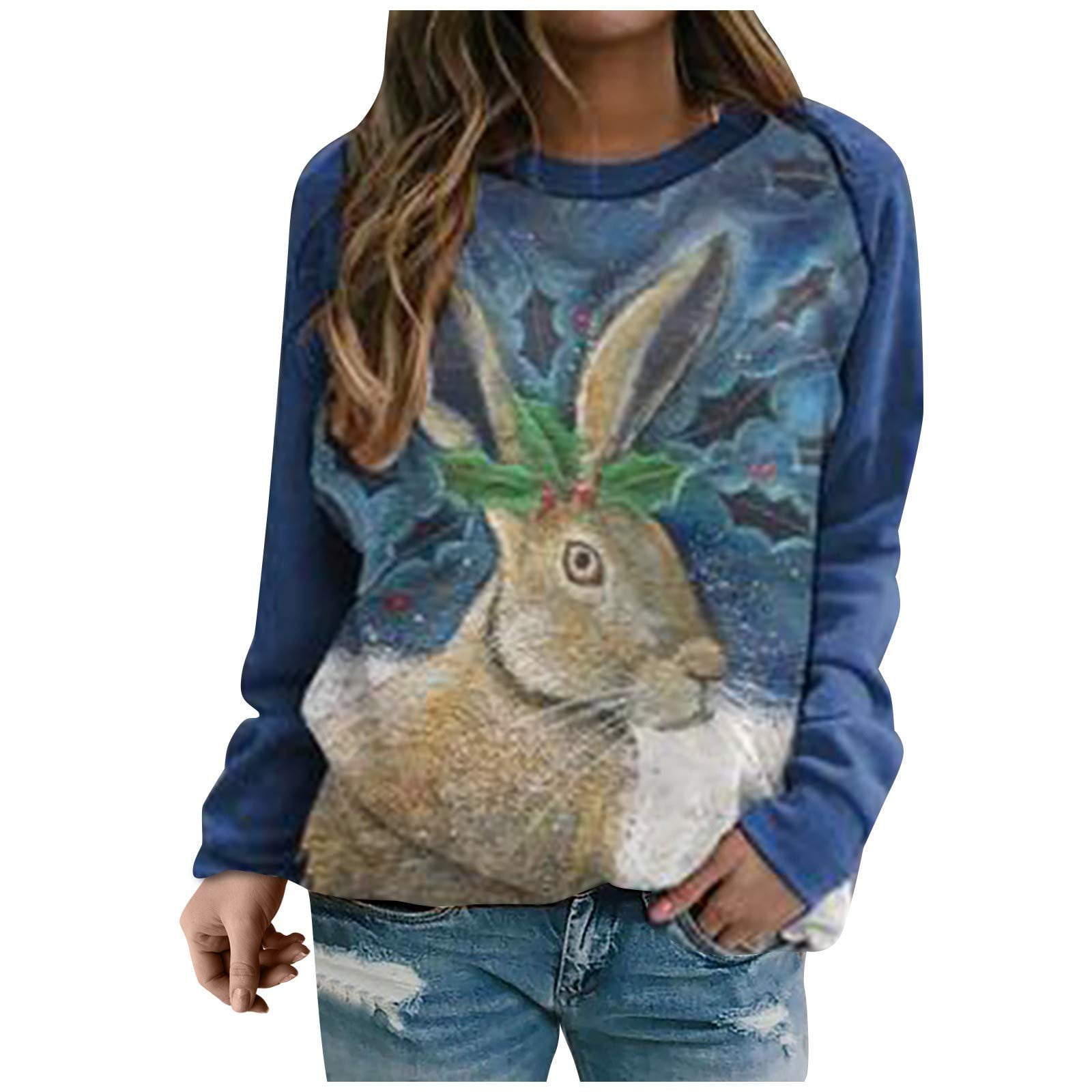 Cathery Women's Easter Sweatshirts Bunny Printed Long Raglan Sleeve ...