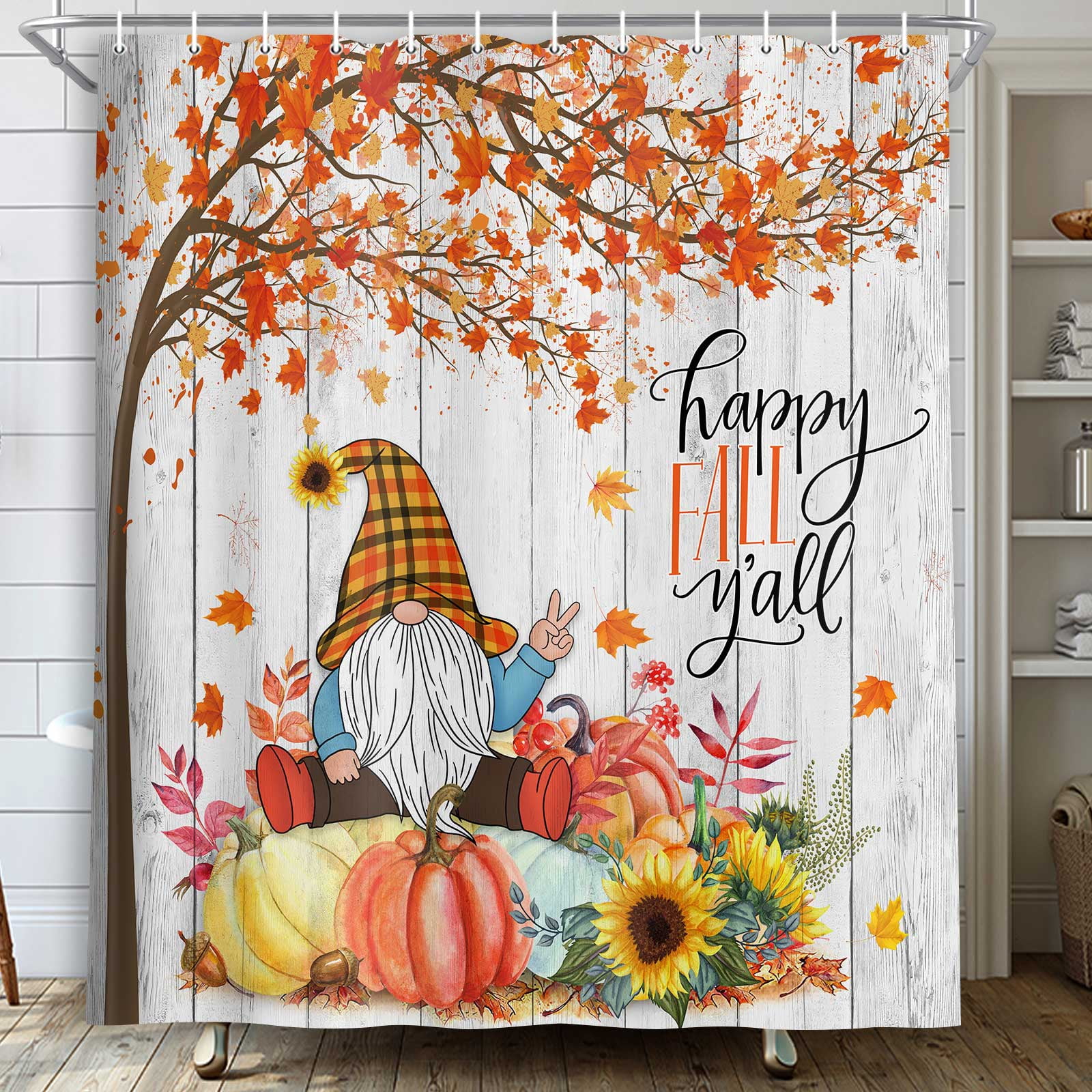 Fall Gnome Thanksgiving Shower Curtain, Autumn Maple Tree Leaves Harvest Pumpkin Bathroom Curtains with Hooks Set, 72 x 72 Inch