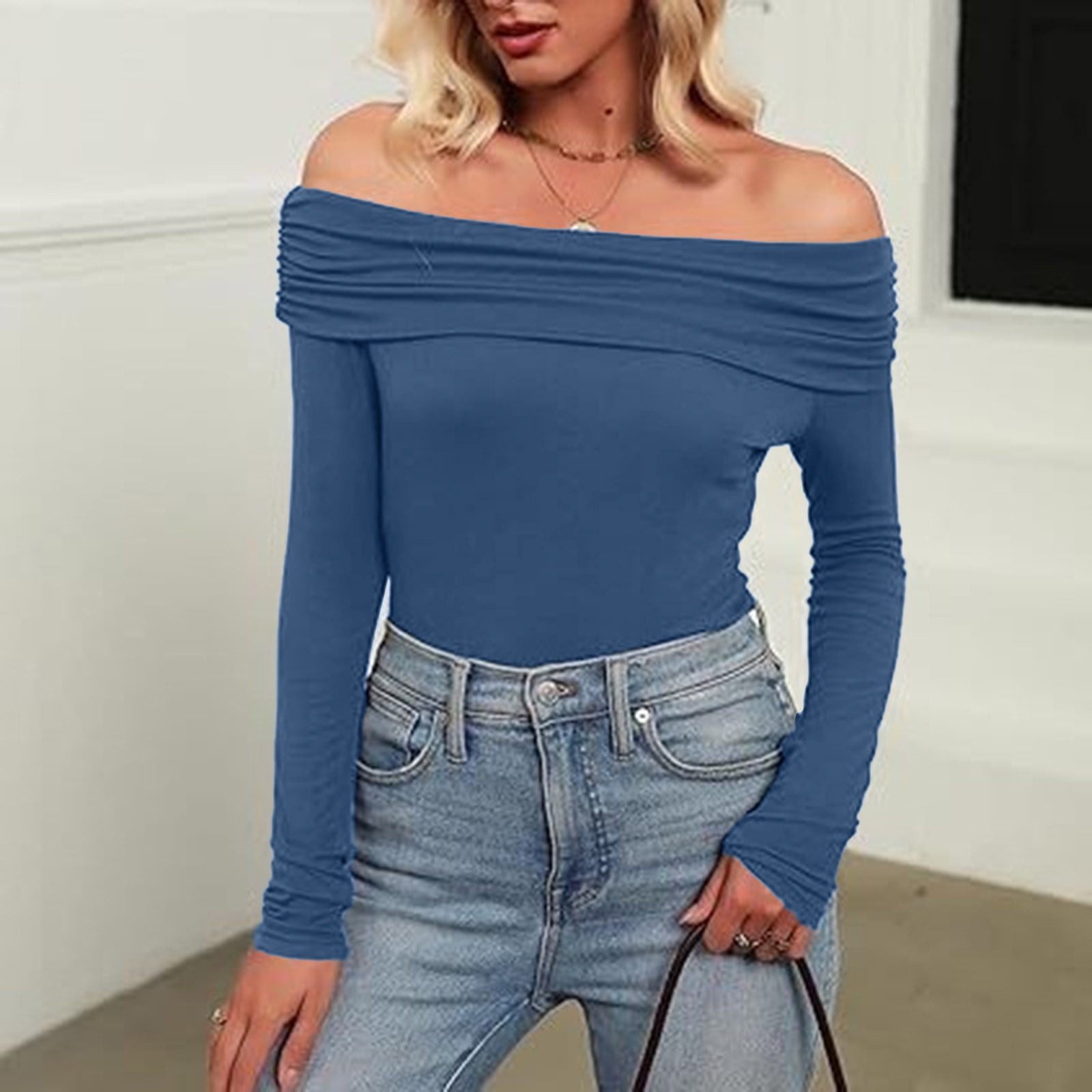 TYGHBN Women Sexy Solid Color Off Shoulder Top T Shirt Slim Long