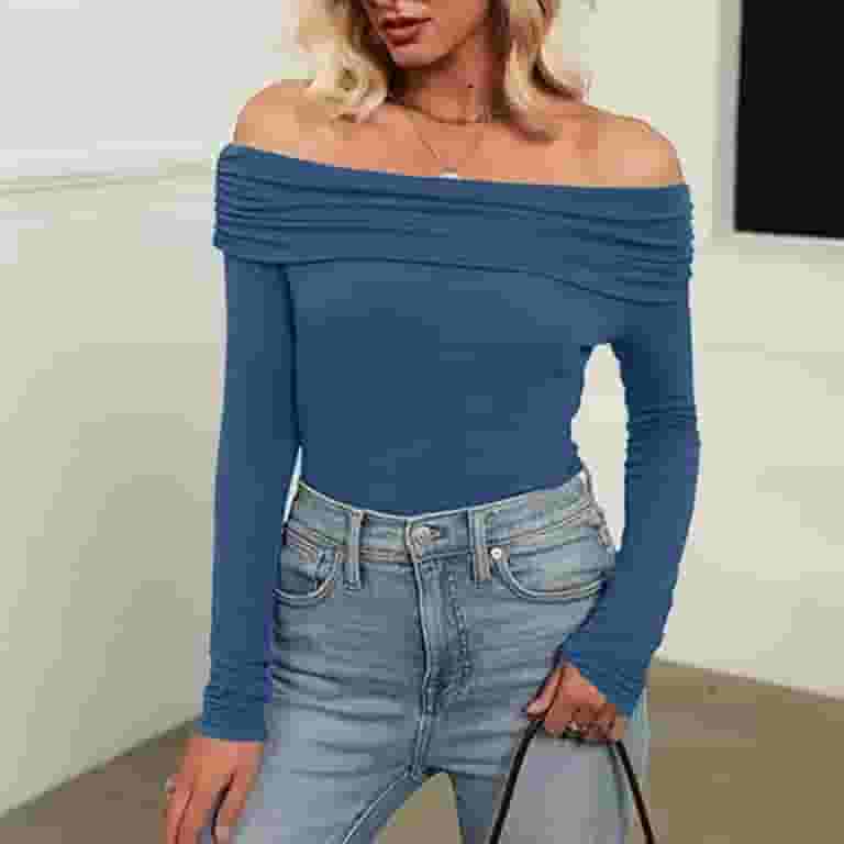 TYGHBN Women Sexy Solid Color Off Shoulder Top T Shirt Slim Long
