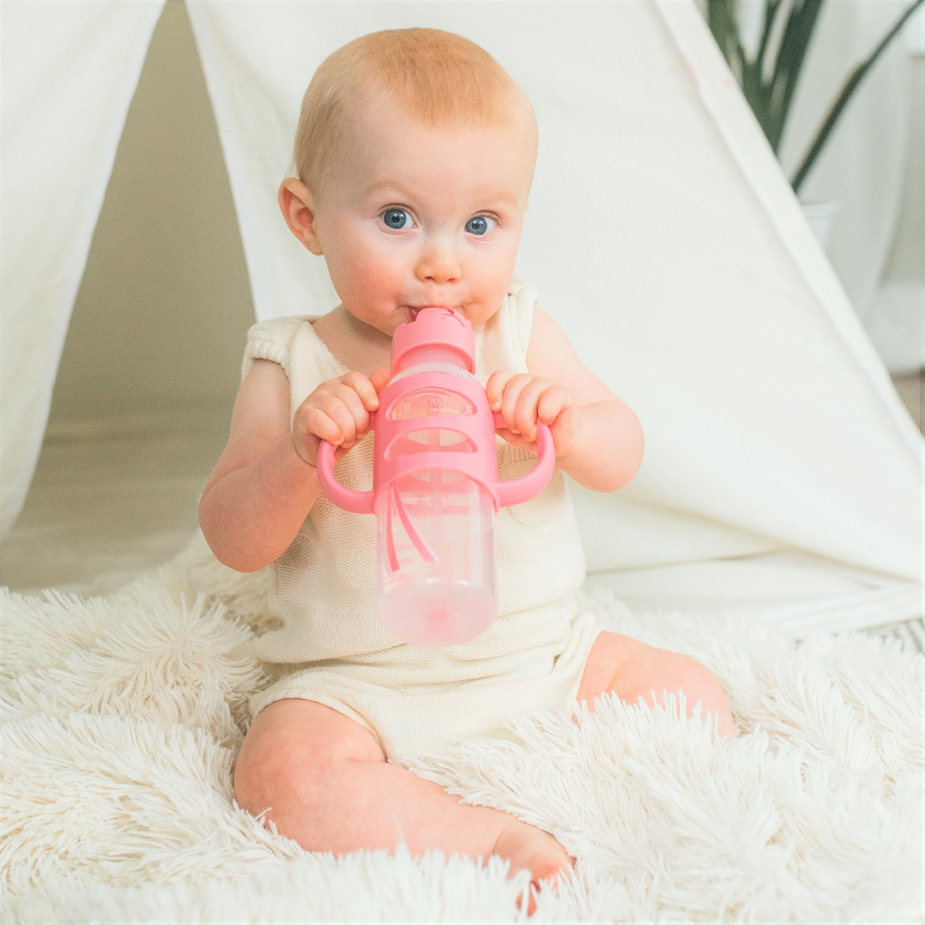 Dr. Brown's Milestones Narrow Sippy Straw Bottle with 100% Silicone Handles, 8oz/250mL, Pink, 1 Pack, 6m+