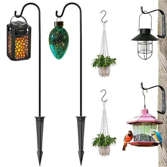 Garden Plant Hangers or Bird Feeder Pole, Ground Stakes Spikes Shepherd Hook Aluminum 33" Detachable Tiki Torch Stand w. 1/4" Screws Wall Mount Clips/S Hooks for Solar Light/Lantern (2 PK)