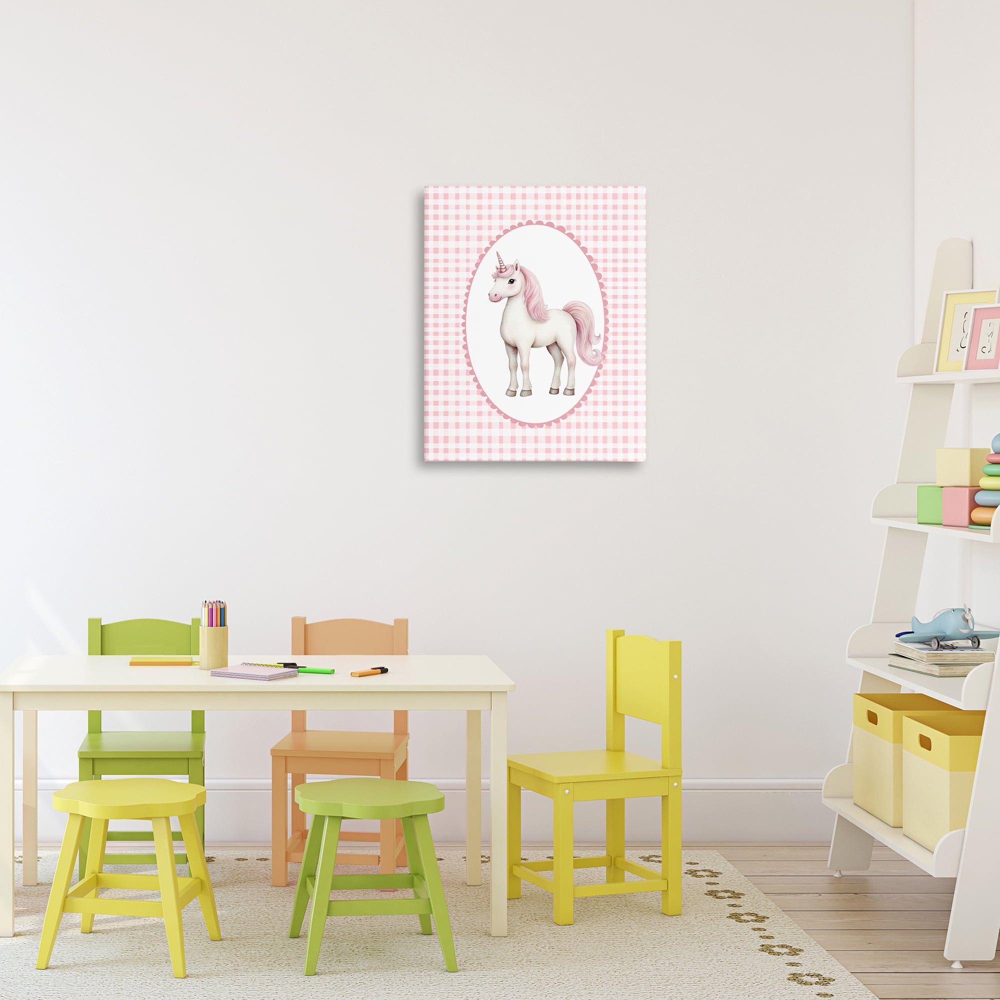 Stupell Industries Pink Gingham Unicorn Canvas Wall Art, design by Christine Simpson Art