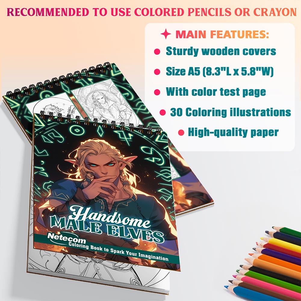 Netecom Handsome Male Elves Coloring Book Spiral Bound for Adults, A5 Wooden Cover, 30 Charming Coloring Pages of Elf Men for Stress Relief and Relaxation