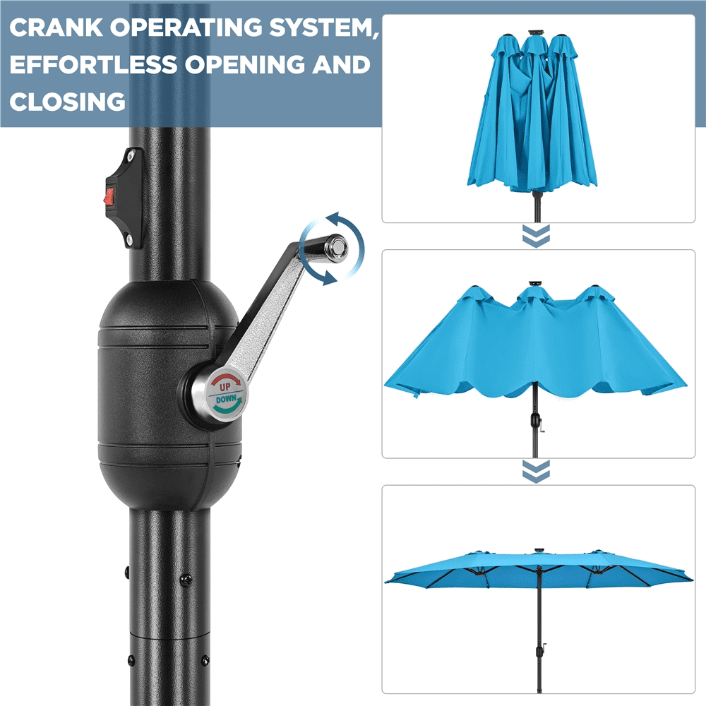 Renwick 13ft Large Patio Umbrella with Solar Lights & Base, Sky Blue