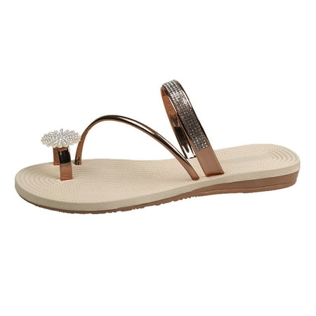 

Women Sandals Girls Pearl Set Toe Elastic Sandals Flat Strap Casual Home Sandals Slippers Beach Slippers Pu sandals for Women Brown