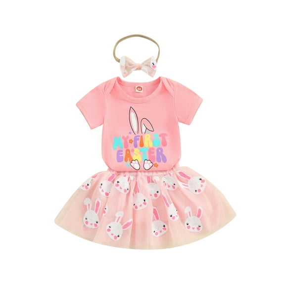 Bagilaanoe 3Pcs Newborn Baby Girls Easter Clothes Letters Print Long Sleeve Romper Tops   Sequin Tutu Skirt   Headband 3M 6M 12M 18M Infant Casual Skirt Set