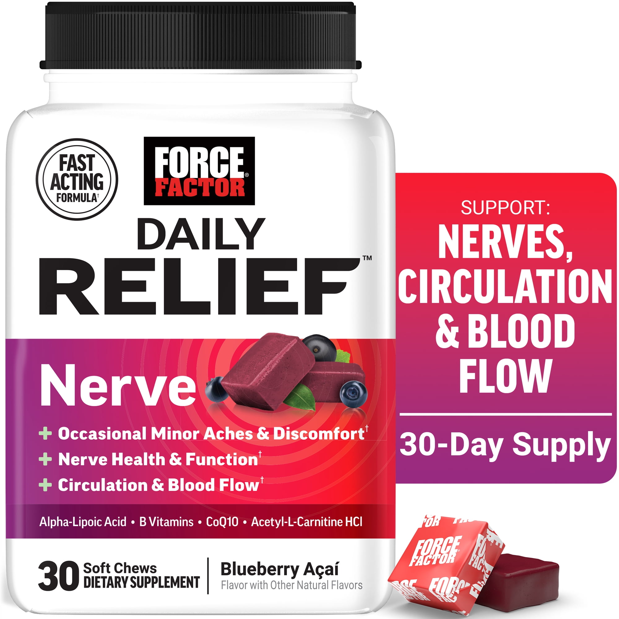 Force Factor Daily Relief Nerve Support Soft Chews with Alpha Lipoic Acid & B Vitamins, 30 Mixed Berry Flavor