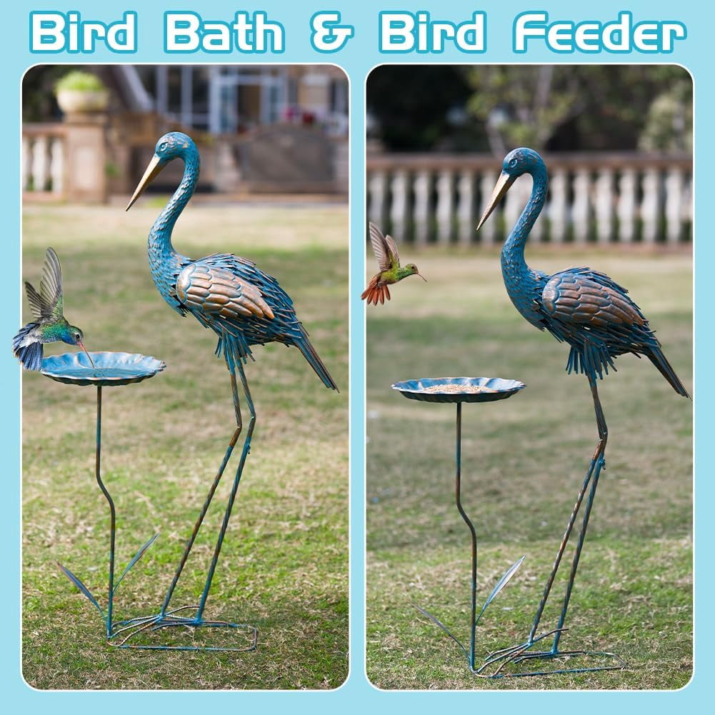 Metal Crane Garden Statue for Outside, Large Heron Outdoor Statues with Leaf Tray, Elegant Crane Yard Art Garden Decor for Garden Yard, Porch