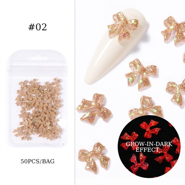 50 Unids/Bolsa Bowknot Glitter Nail Art Decoración Arco Charm 3D Crystal Glow-In-Dark Designs DIY Accesorios De Uñas Gao Jinjia unisex