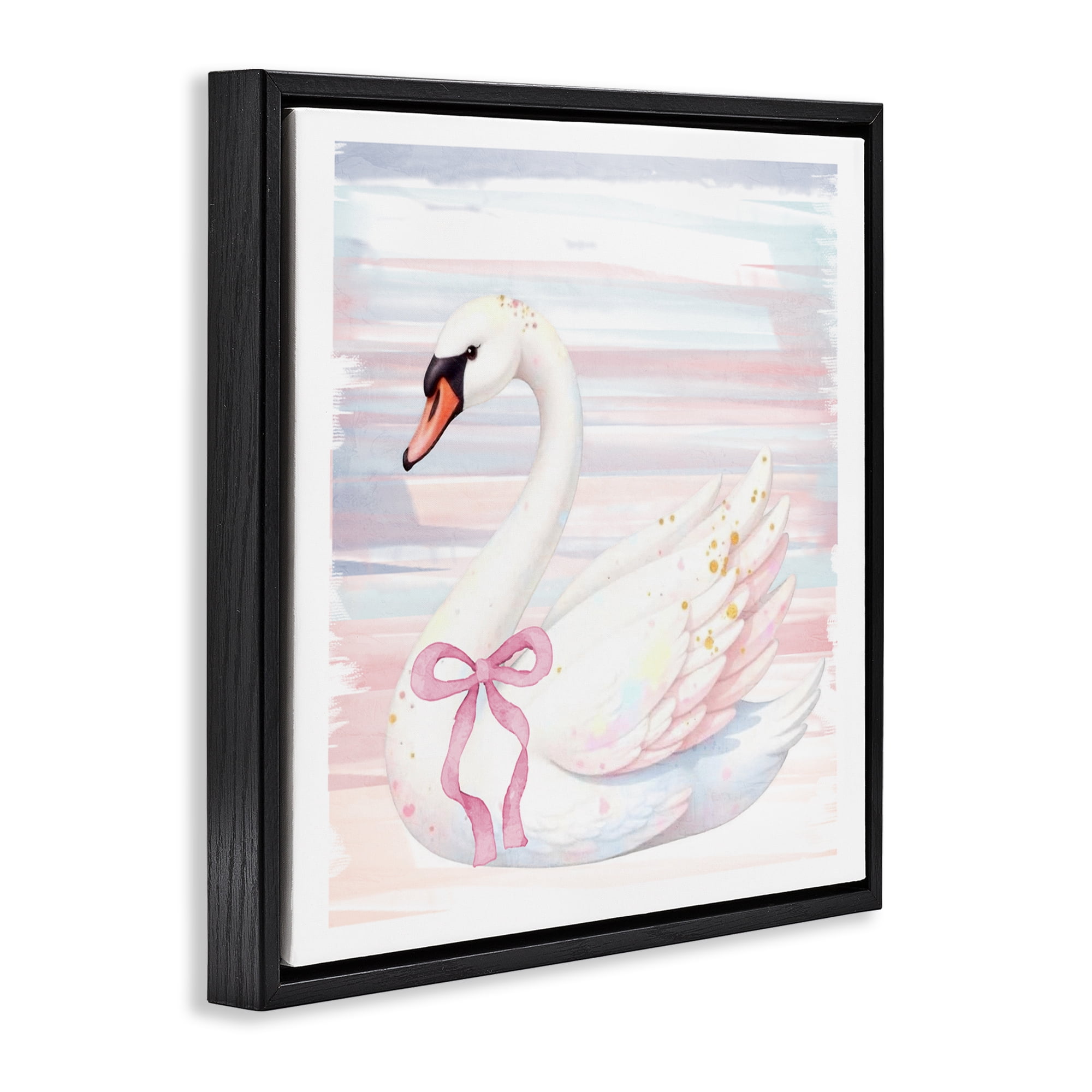 Pastel Swan with Ribbon Black Framed Floater Canvas Wall Art, design by Kim Allen