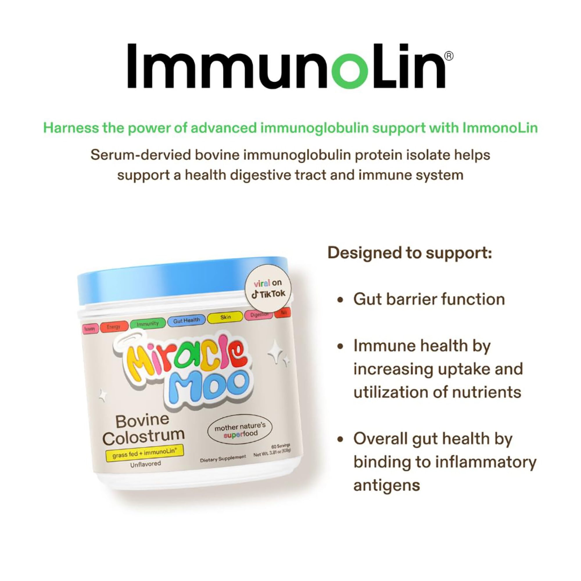 Miracle Moo Colostrum Supplement for Gut Health, Hair Growth, and Immune Support, Unflavored 60 Servings