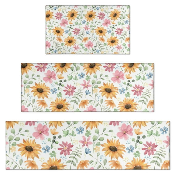 White Sunflower Colorful Flower Pattern Kitchen Rugs Sets Of 3,Kitchen Runner Rugs Non Skid Washable,Decorative Kitchen Floor Mats for Kitchen,Sink,Laundry,17"x30" 17"x47" 17"x59"