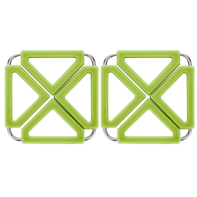 2 Pcs Silicone & Stainless Steel Hot Pot Holder Trivet Mat Heat Resistant Non-slip Square Foldable Table Pad Bowl Mat Cup Coasters (Green)