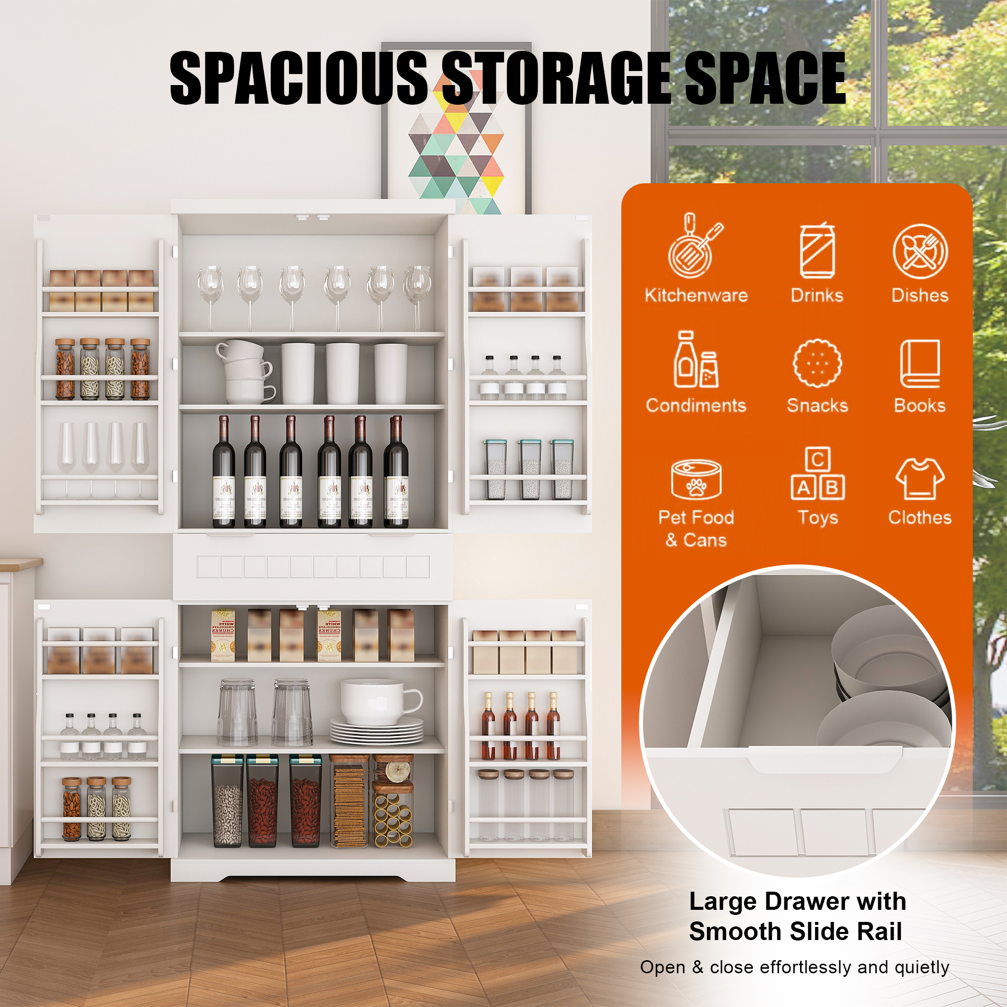 Pantry Cabinet, 71.65" Tall Storage Cabinet with Drawer, 2 Cabinets & 6 Door Shelves, Adjustable Shelves, Freestanding Cupboard for Kitchen, Living Room, Bathroom