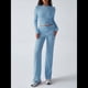 thumbnail image 5 of Conjuntos de 2 Piezas para Mujer, Larga, Cuello Redondo, Pantalones Acampanados de Cintura Alta, Conjuntos de Chándal, Ropa de Calle. Azul L, 5 of 10