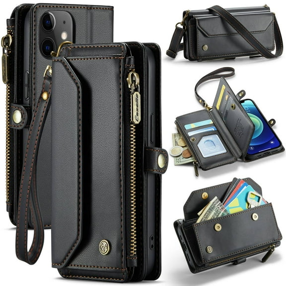 Crossbody for iPhone 12 Mini Case Wallet【RFID Blocking】with 7-Card Holder Zipper Bills Slot, Soft PU Leather Magnetic Shoulder Wrist Strap for iPhone 12 Mini Wallet Case Women