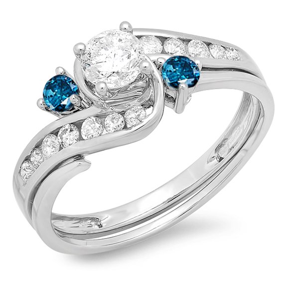 Dazzlingrock Collection 0.90 Carat (ctw) 18k Round Blue And White Diamond Swirl Bridal Engagement Ring Set, White Gold, Size 7.5
