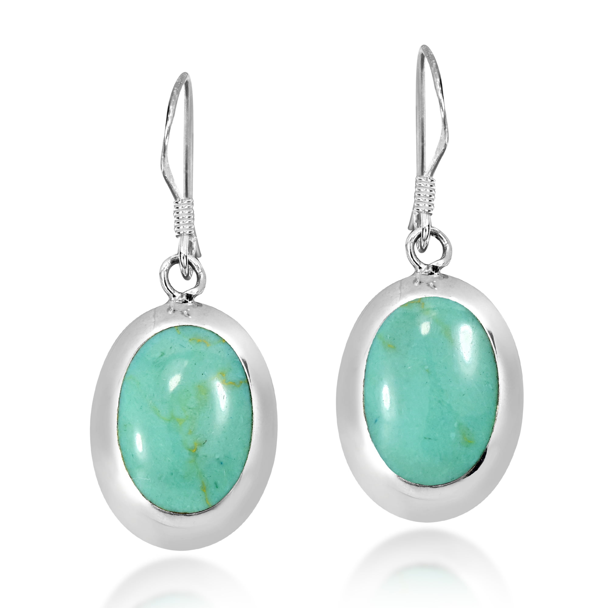 Oval Boho Simulated Turquoise .925 Sterling Silver Simple Traditional Earrings 