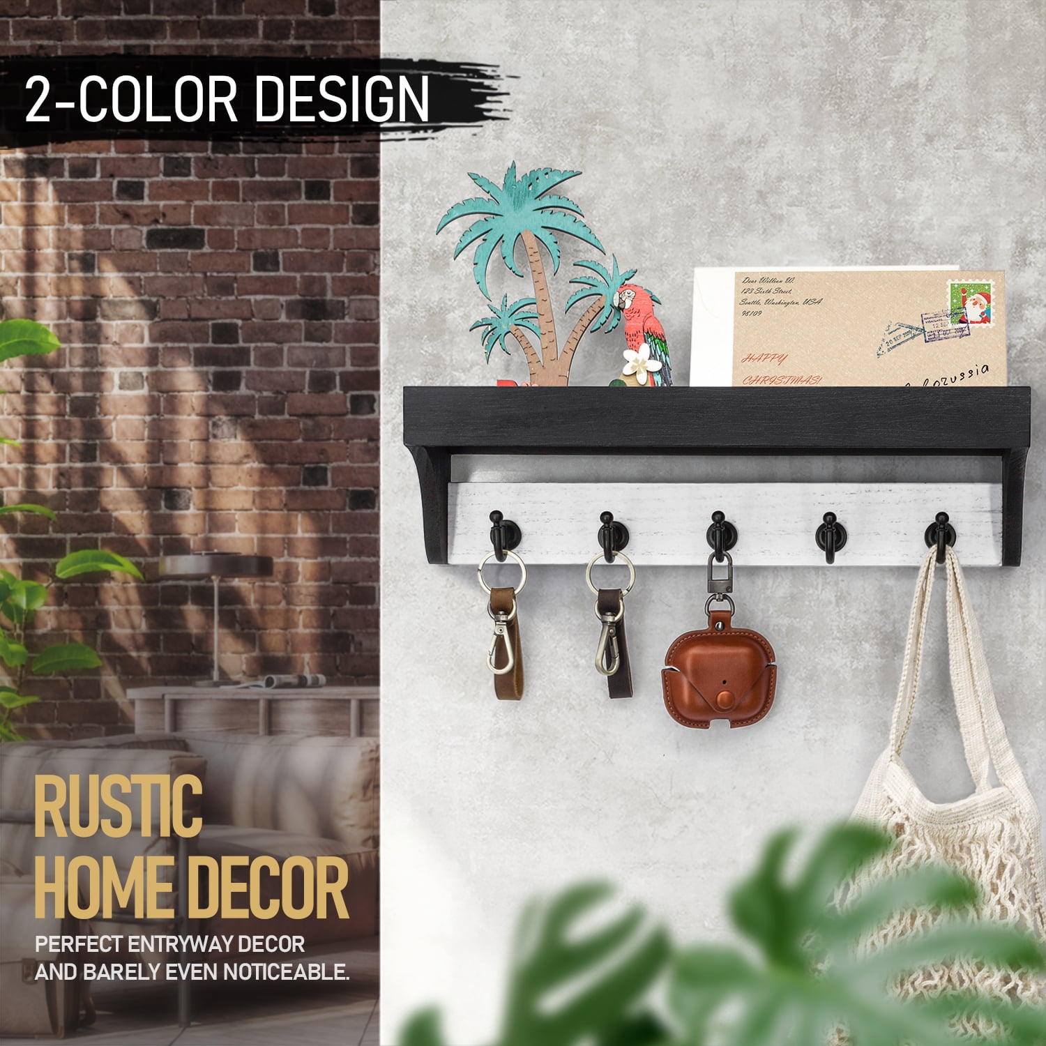 Rebee Vision Decorative Key Holder Wall Mount with Shelf - Modern Key and Mail Organizer with 5 Keys Hooks (Black & White)